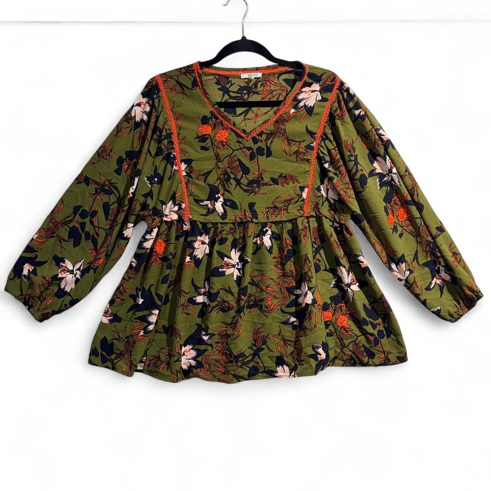 Jodifl Green Floral Babydoll Blouse Boho Long Sleeve V-Neck Top B1641 Womens S